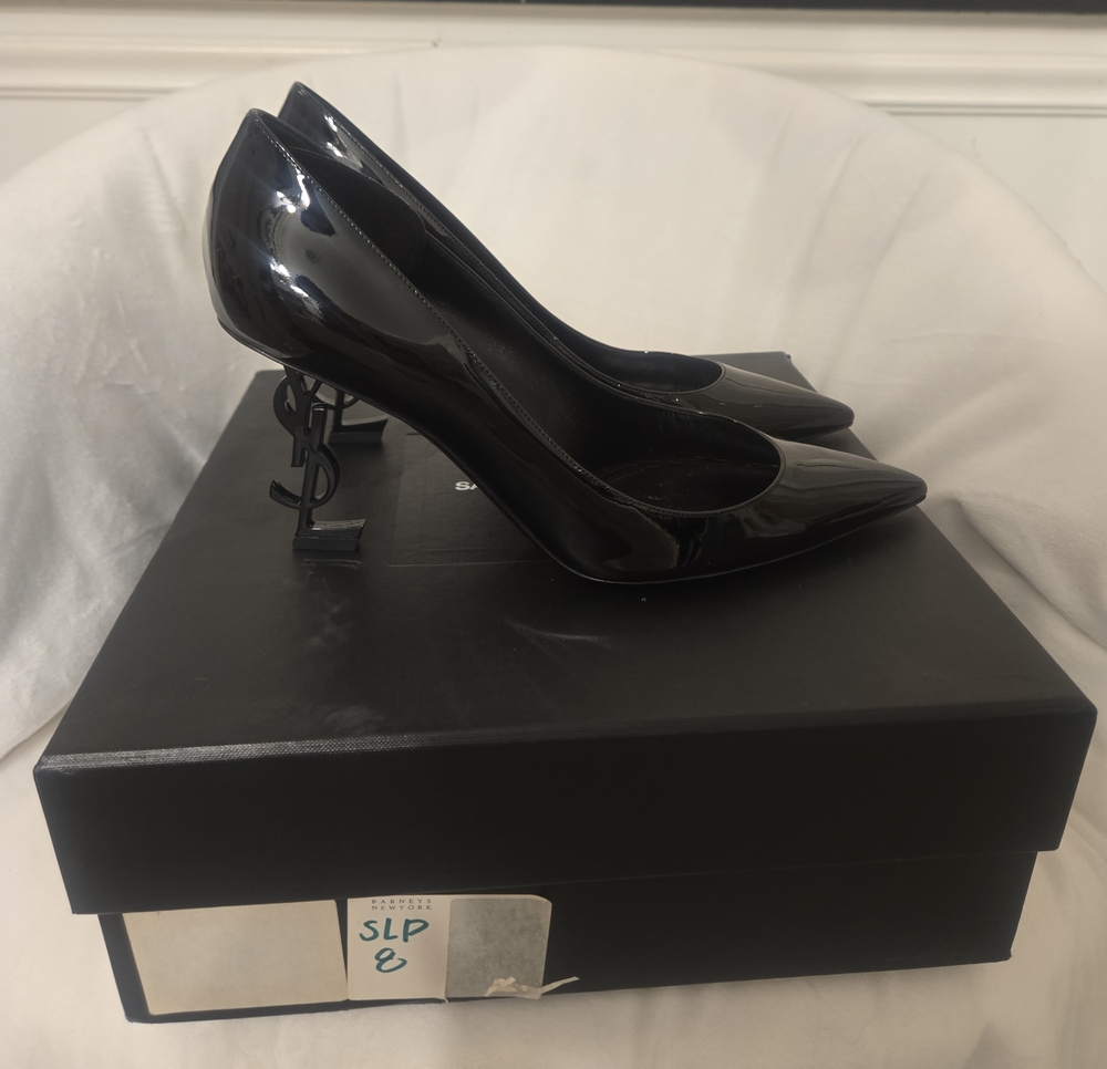 Saint Laurent Black Patent Opyum Logo Heel Pumps